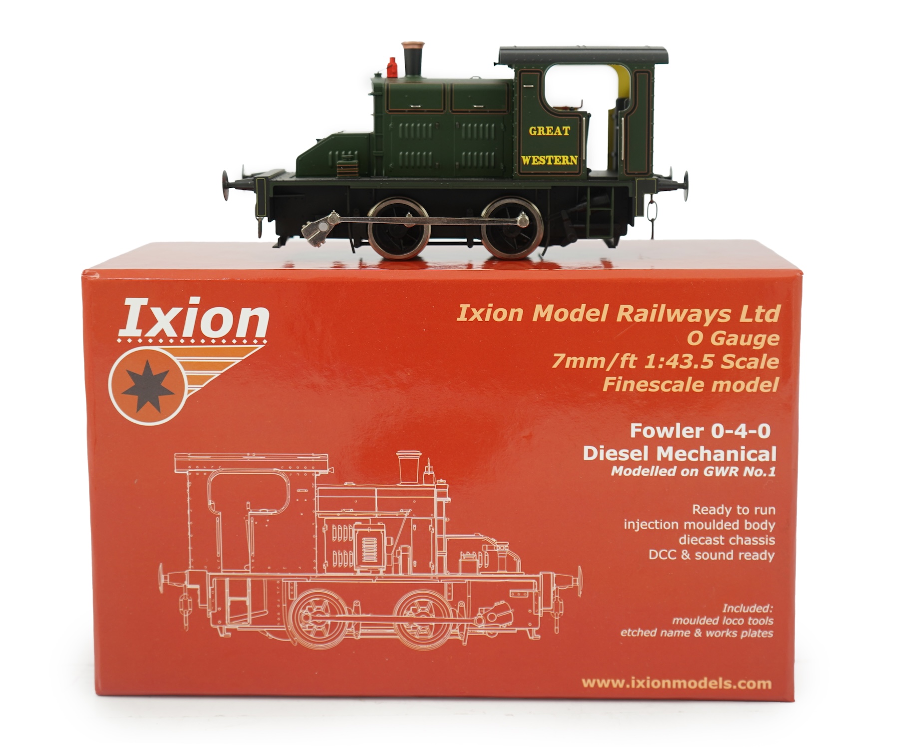A boxed 0 Gauge Ixion (IOD-GWR) model of GWR No.1, Fowler 0-4-0 diesel mechanical locomotive, powered for two rail operation, with detailing elements.